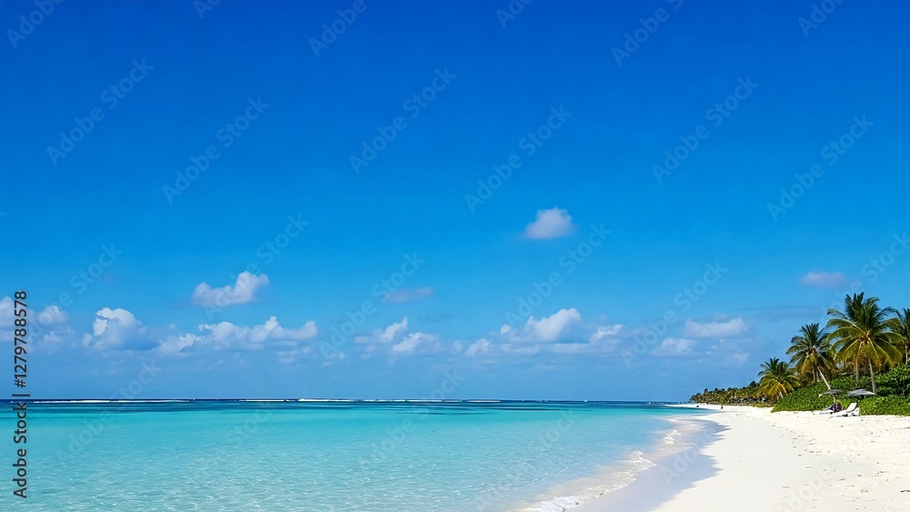 Serene tropical beach with soft white sand, clear turquoise water, and a bright blue sky dotted with fluffy clouds. Serene tropical beach with soft white sand, clear turquoise water, and a bright blue sky dotted with fluffy clouds.
