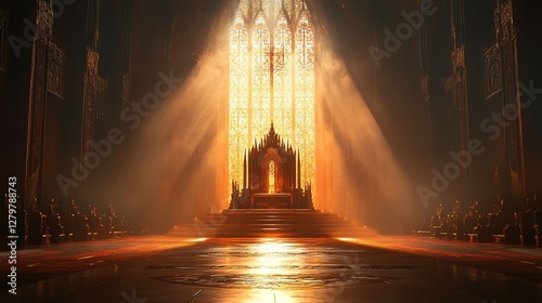 Majestic throne scene grand cathedral digital artwork dramatic lighting low angle fantasy concept