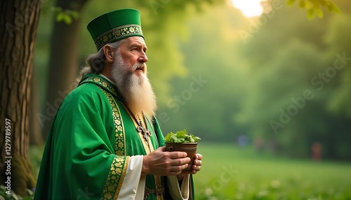 Saint Patrick, Christian missionary and bishop from Ireland, St. Patrick's Day, Saint Patrick in green clerical vestments holds a shamrock for preaching, an Irish symbol, created with generative ai photo