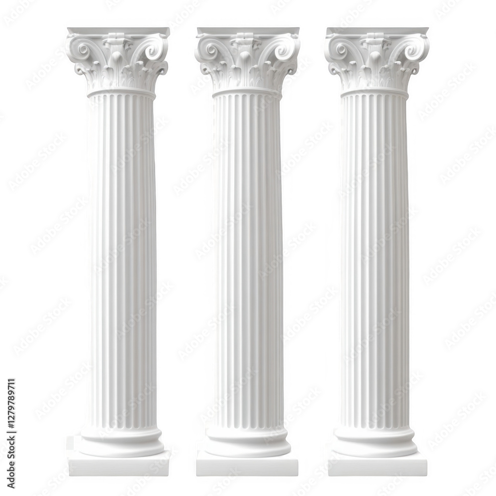 Three Classical White Columns with Decorative Capitals and Fluting Three Classical White Columns with Decorative Capitals and Fluting