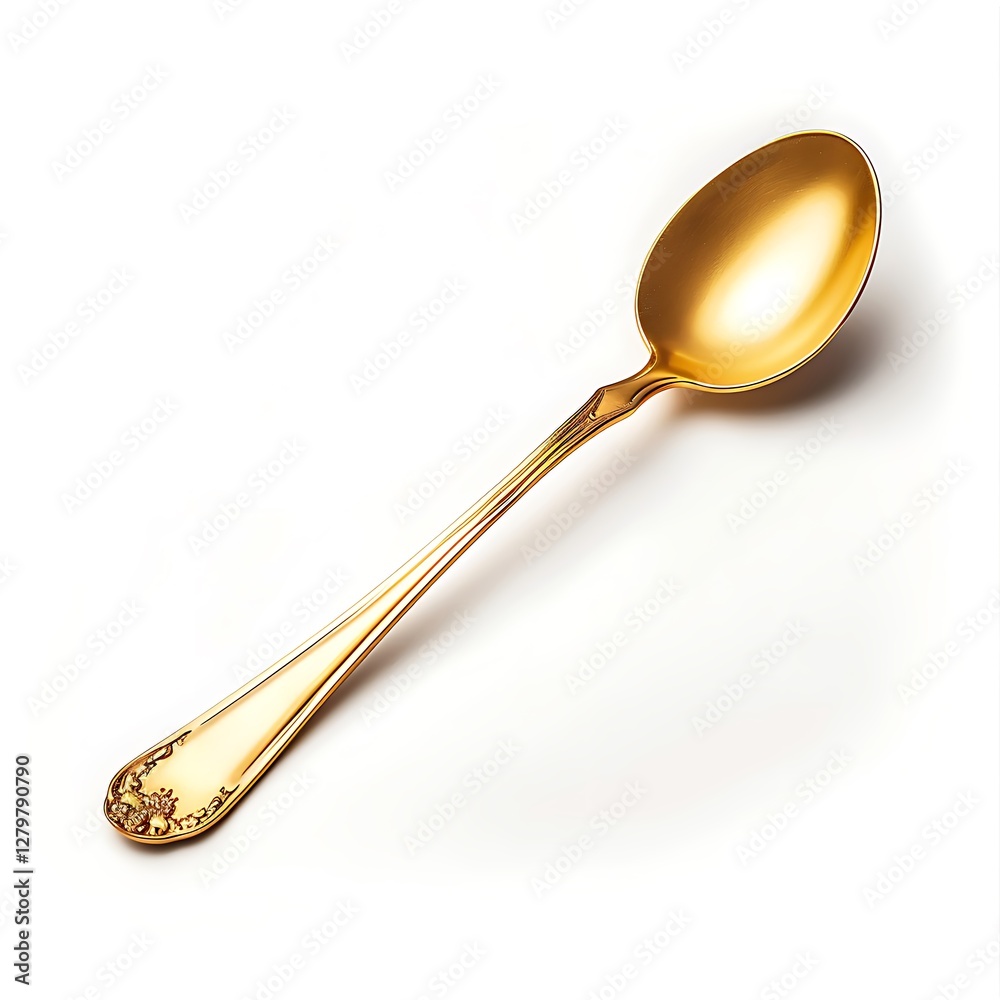 Golden spoon on white background