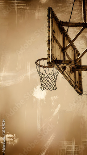 Rustic Outdoor Basketball Net: Artistic Sepia-Toned Sports Photography
