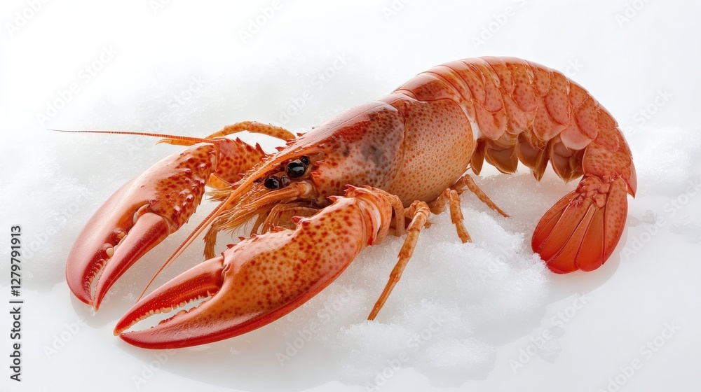 Freshly caught lobster on a bed of ice, showcasing its vibrant colors and intricate details Freshly caught lobster on a bed of ice, showcasing its vibrant colors and intricate details