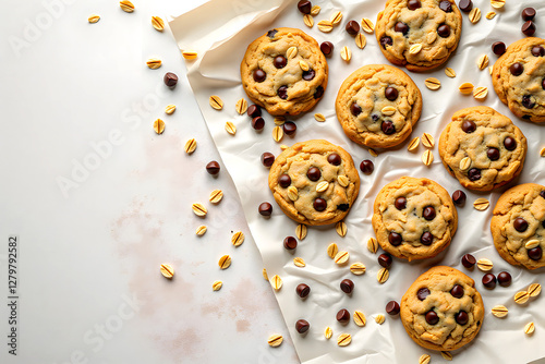 baking fun,classic comfort: Oatmeal Chocolate Chip Cookies on Baking Paper with a Clean White Background.advertisement, banner, card,copy text space,birthday party invite invitation.
