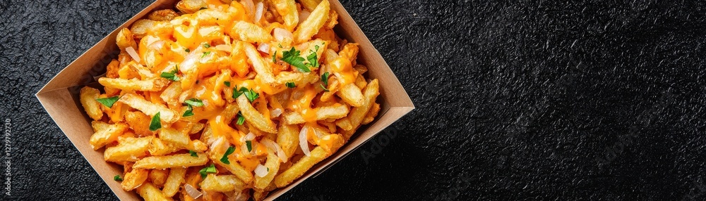 Plate of French fries topped with melted cheese sauce and fresh green herbs on a dark background Plate of French fries topped with melted cheese sauce and fresh green herbs on a dark background