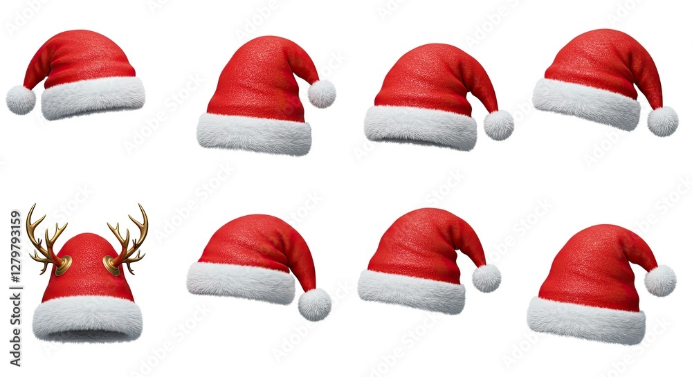 Festive Santa Hats Collection with Reindeer Antler Isolated on White Festive Santa Hats Collection with Reindeer Antler Isolated on White