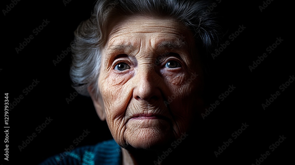 Obraz premium Close-up portrait of a senior woman, her face etched with time, showing strength and resilience against a dark background.