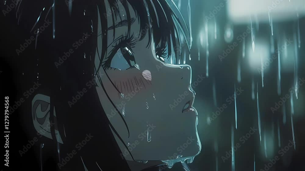 A close-up of an anime girl gazing up as raindrops fall on her face. The moody lighting and reflections create a melancholic and emotional atmosphere.