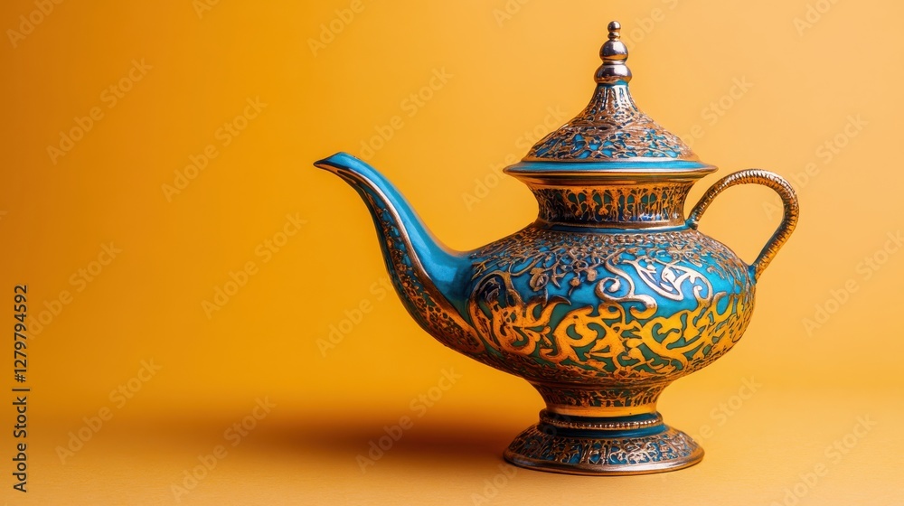 Fototapeta premium Ornate Blue and Gold Teapot on Vibrant Yellow Background