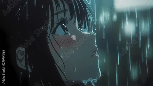 A close-up of an anime girl gazing up as raindrops fall on her face. The moody lighting and reflections create a melancholic and emotional atmosphere.