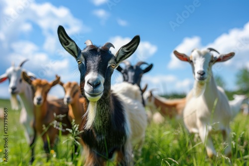 Detailed Color Picture of Beauty Goats in the Green Pasture