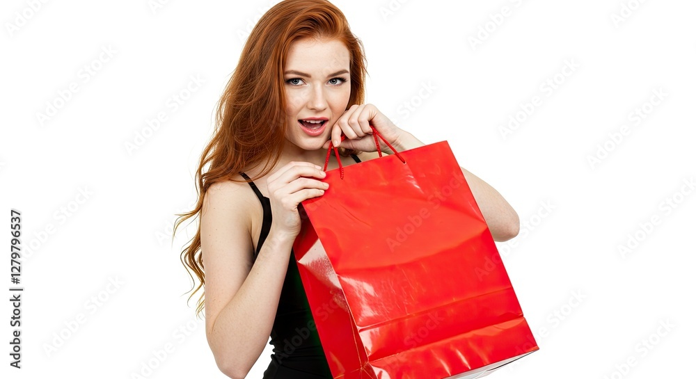 Excited Redhead Woman Opening Red Shiny Shopping Bag Gift Excited Redhead Woman Opening Red Shiny Shopping Bag Gift