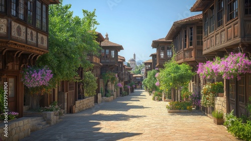 Sunny cobblestone street, Balkan architecture, flowers, tourism, background church