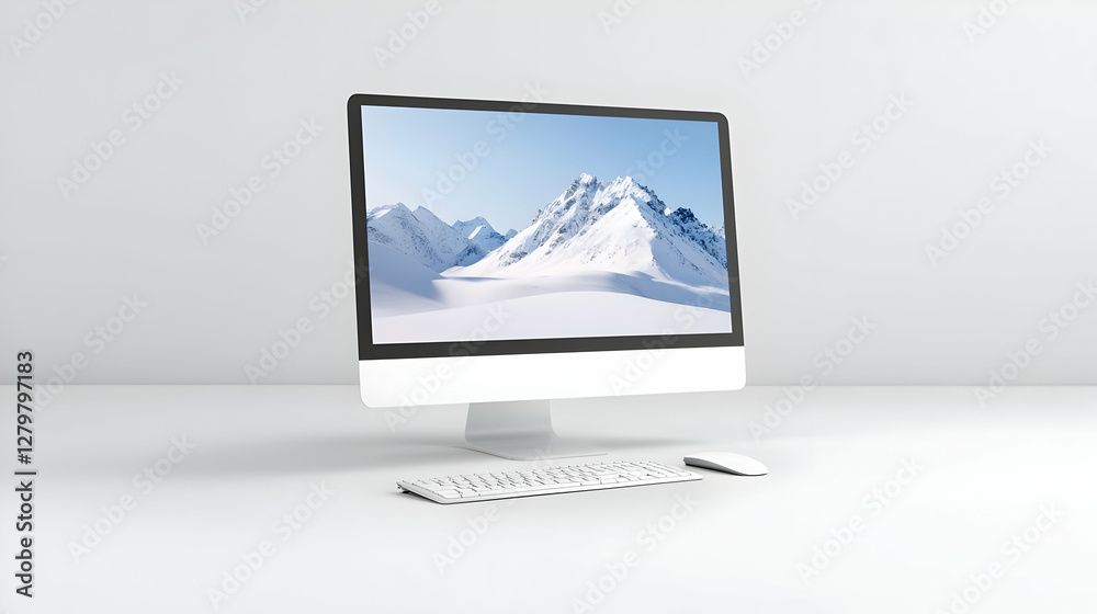 Fototapeta premium Modern all-in-one desktop computer with a keyboard and mouse on a clean white desk in a bright minimalist studio.