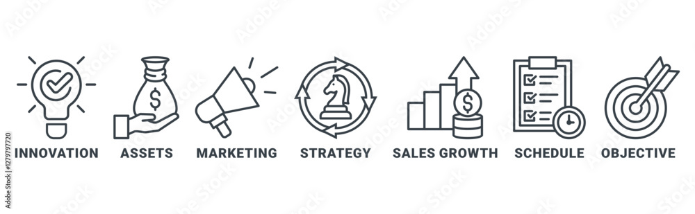 Business Plan icon set vector illustration concept with icon of innovation, assets, marketing, strategy, sales growth, schedule, objective Business Plan icon set vector illustration concept with icon of innovation, assets, marketing, strategy, sales growth, schedule, objective