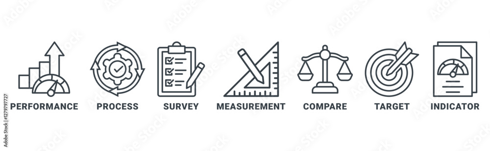 Benchmarking icon set vector illustration concept for the idea of business development and improvement with an icon of performance, process, survey, measurement, compare, target, indicator Benchmarking icon set vector illustration concept for the idea of business development and improvement with an icon of performance, process, survey, measurement, compare, target, indicator