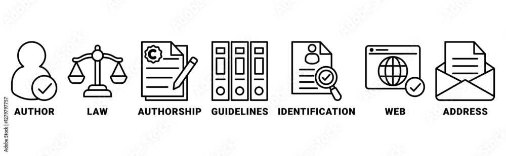 Copyright icon set vector illustration concept with an icon of author, law, authorship, guidelines, identification, web, address Copyright icon set vector illustration concept with an icon of author, law, authorship, guidelines, identification, web, address
