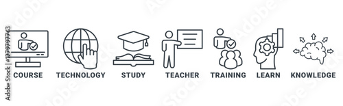 Online Education icon set vector illustration concept with icon of course, technology, study, teacher, training, learn, knowledge 