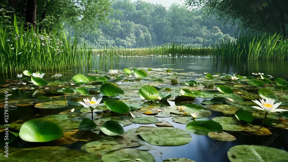 Peaceful lake surrounded by lush greenery and blooming water lilies in the morning light Peaceful lake surrounded by lush greenery and blooming water lilies in the morning light