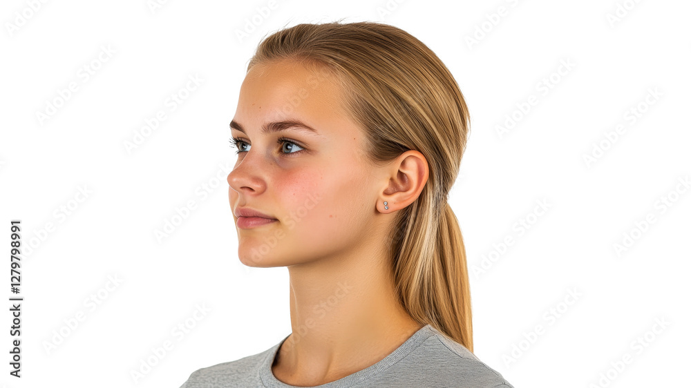Young woman with long hair posing in profile view Young woman with long hair posing in profile view