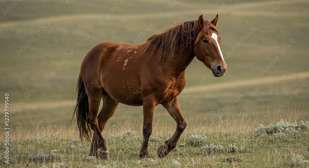 A brown horse walking through a grassy landscape under soft natural lighting. A brown horse walking through a grassy landscape under soft natural lighting.