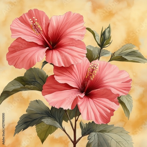 Two pink hibiscus flowers with green leaves against a yellow background.