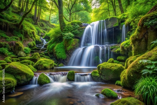Serene Waterfall Cascading Through Lush Green Mossy Rocks in a Tranquil Forest