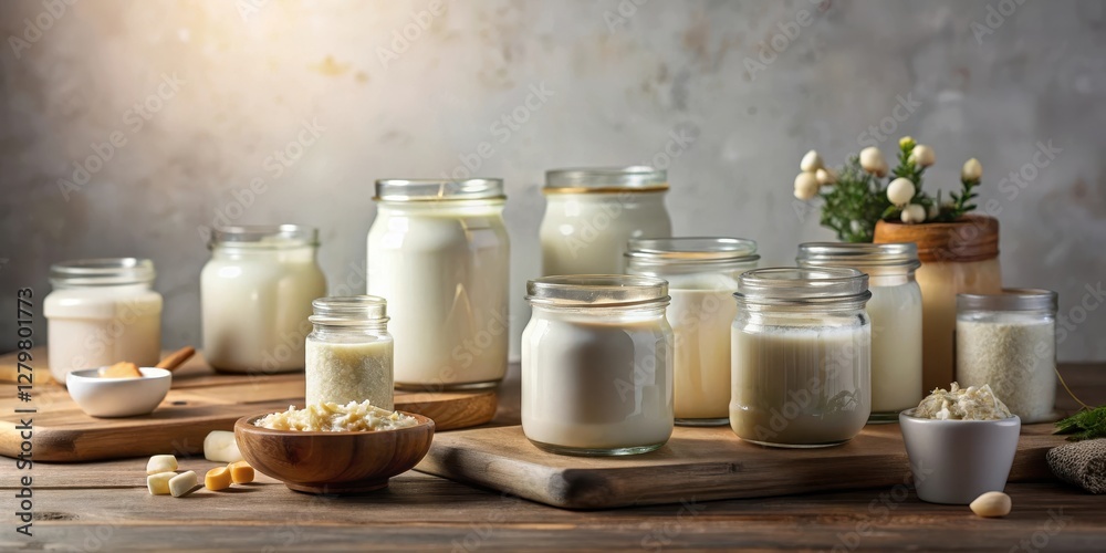 A rustic arrangement showcasing various dairy products in glass jars, accompanied by bowls of dairy-based ingredients on a wooden surface A rustic arrangement showcasing various dairy products in glass jars, accompanied by bowls of dairy-based ingredients on a wooden surface