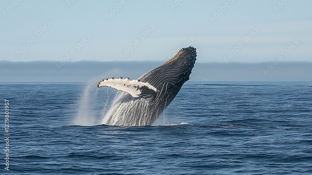 Fototapeta premium Humpback Whale Breaching Ocean Surface in Stunning Display of Marine Life