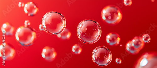 Floating red bubbles of various sizes create vibrant texture against bold background