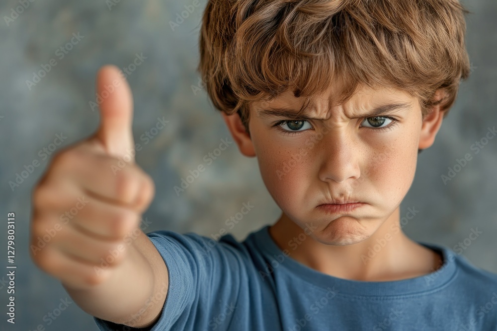 Beautiful Boy with Angry Face Negative Sign Showing Dislike with Thumbs Down Rejection Concept Beautiful Boy with Angry Face Negative Sign Showing Dislike with Thumbs Down Rejection Concept