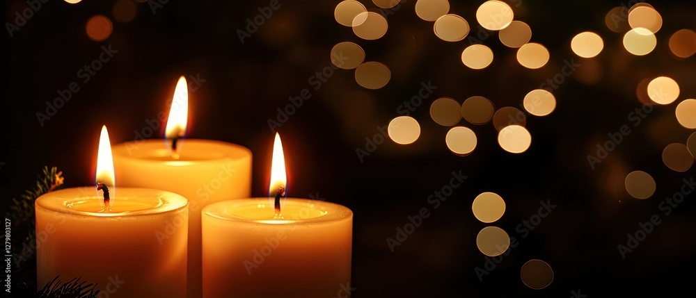 Three Burning Candles in the Dark, Warm Light, Peaceful Atmosphere Three Burning Candles in the Dark, Warm Light, Peaceful Atmosphere