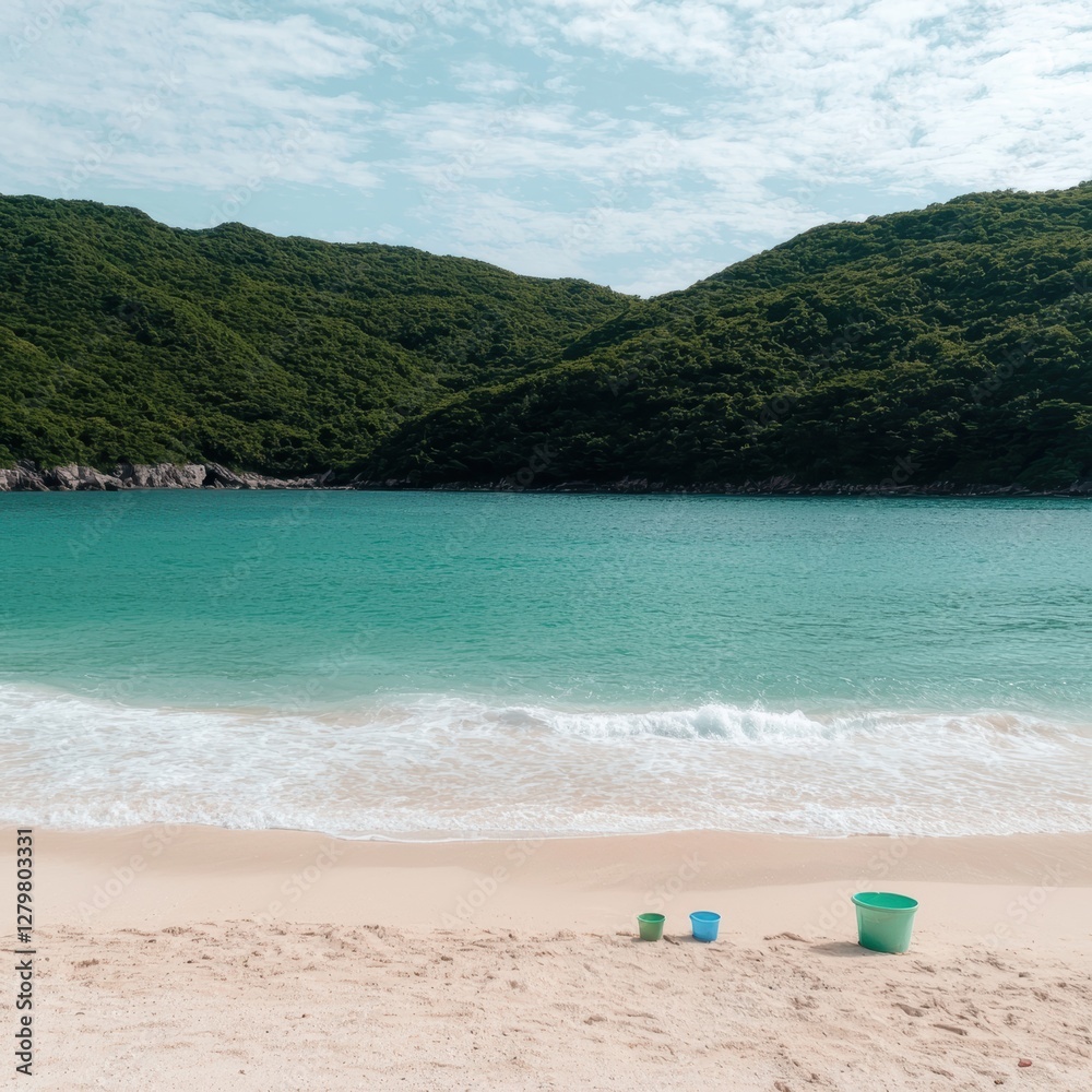 Turquoise water meets a sandy beach with green hills in the background. Turquoise water meets a sandy beach with green hills in the background.