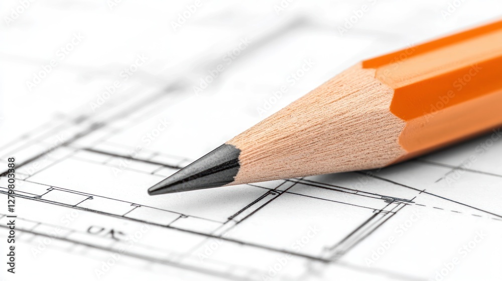 Architectural Design: A Close-Up of a Pencil on Blueprints Architectural Design: A Close-Up of a Pencil on Blueprints