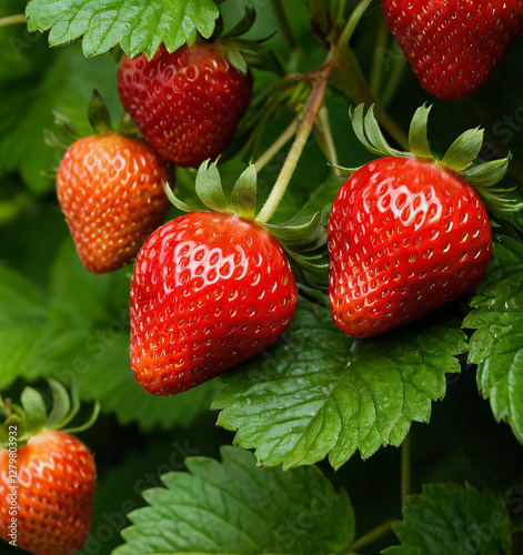 Ripe Red Strawberries Hanging on Lush Green Leave
