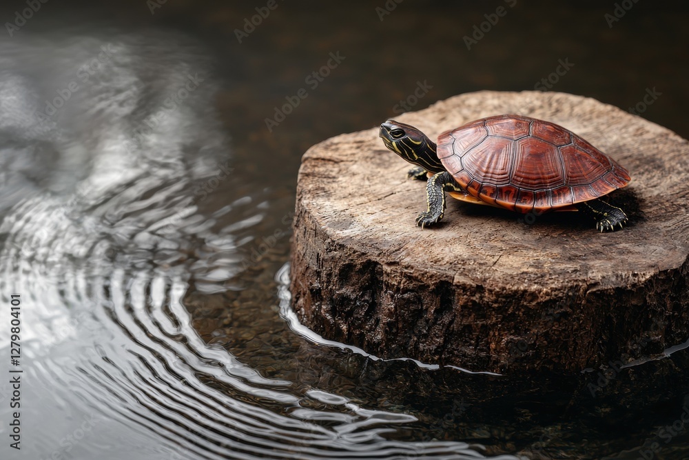 Obraz premium Turtle resting on a log in the water.