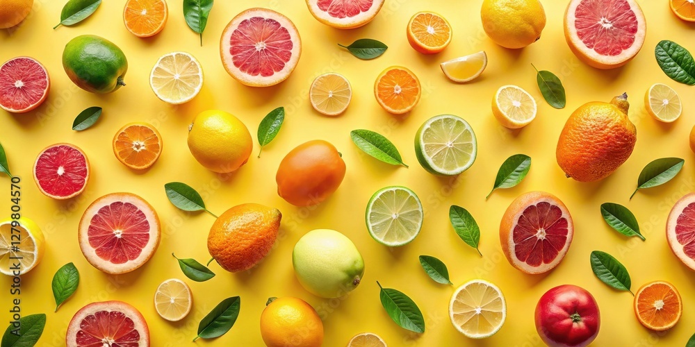 A vibrant collection of citrus fruits and tropical produce arranged in a colorful flat lay pattern on a sunny yellow background A vibrant collection of citrus fruits and tropical produce arranged in a colorful flat lay pattern on a sunny yellow background