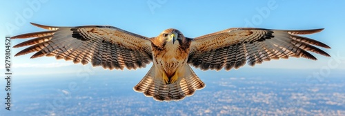Red-tailed hawk in flight over landscape.
