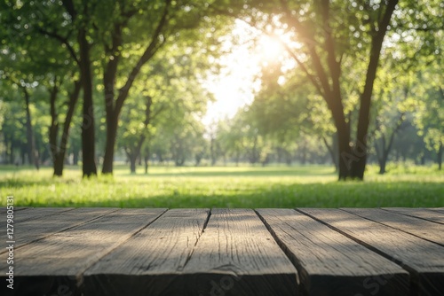 Wallpaper Mural Empty wooden table with blurred park background at sunset Torontodigital.ca