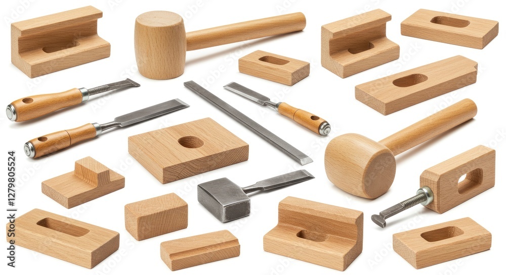 Woodworking Tools Collection with Mallets Chisels and Bench Accessories Isolated Woodworking Tools Collection with Mallets Chisels and Bench Accessories Isolated
