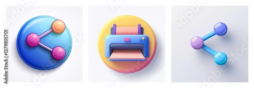 Three glossy 3D icons are displayed: a share icon in a blue circle, a printer in a yellow circle, and a share icon on a white backdrop.