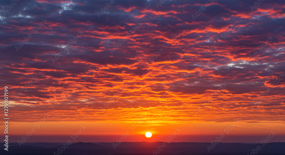 Fiery orange and pink clouds at sunset stretching across the sky. Fiery orange and pink clouds at sunset stretching across the sky.