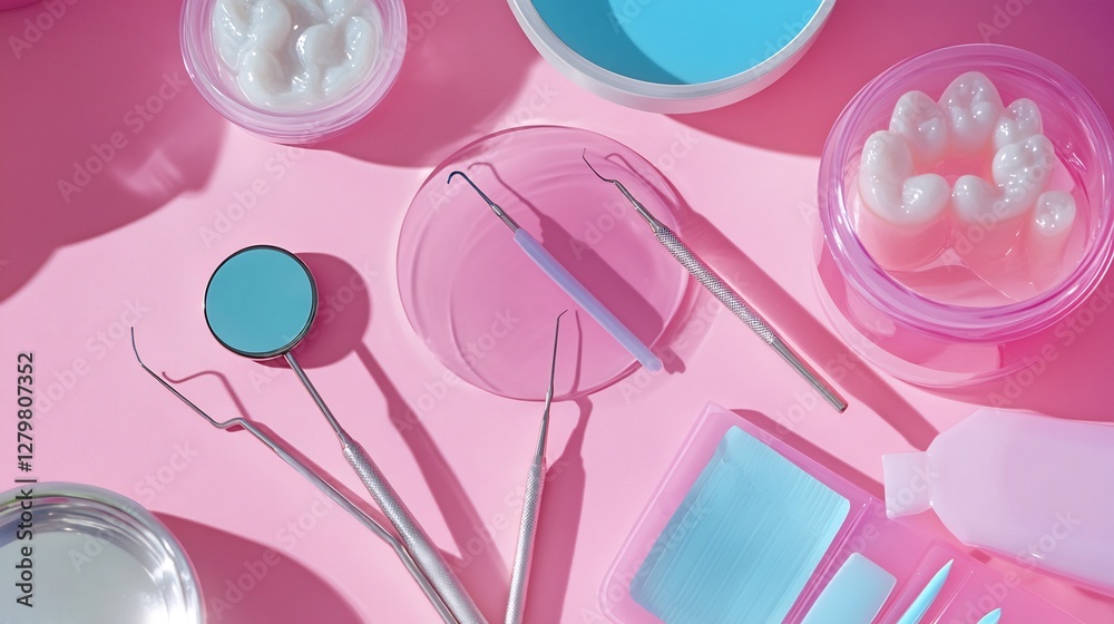 Top down perspective of dental hygiene tools including mirror probe for teeth care