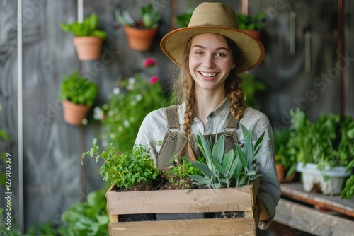 Premium Quality Visual of Portrait of a Smiling Female Gardener Holding Crate with Fresh Plants