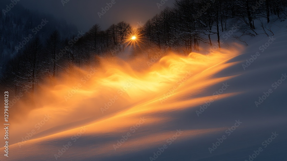 Fototapeta premium Sunset snowdrift, mountain, winter, wind, glow, landscape, cold, nature, scenic, travel