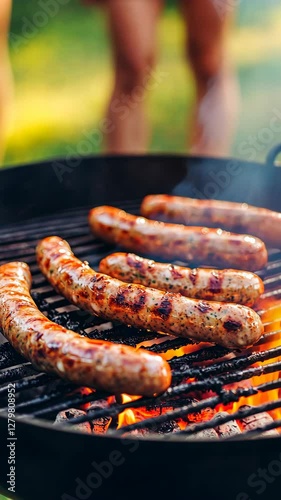 Grilling sausages over an open flame during a sunny outdoor gathering near a park in summer