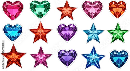 Colorful Gems Sparkling Heart and Star Jewel Stickers on White Background