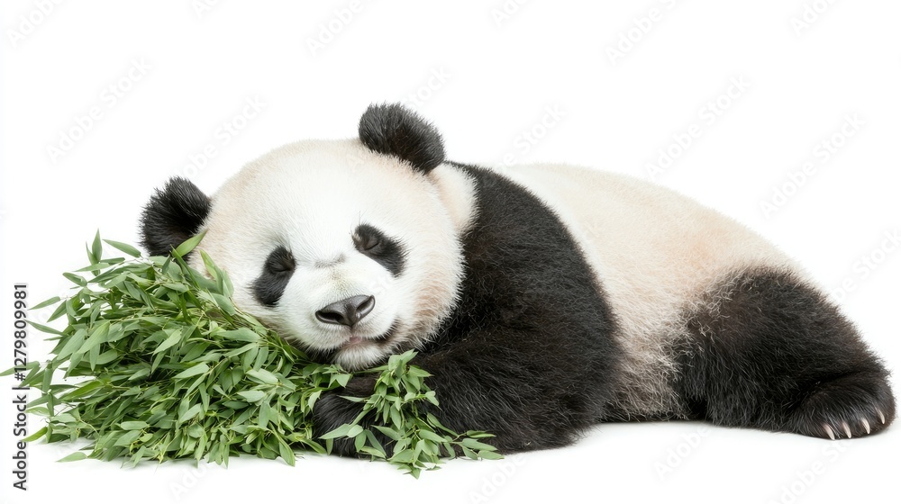 Fototapeta premium Panda cub lying down eating bamboo