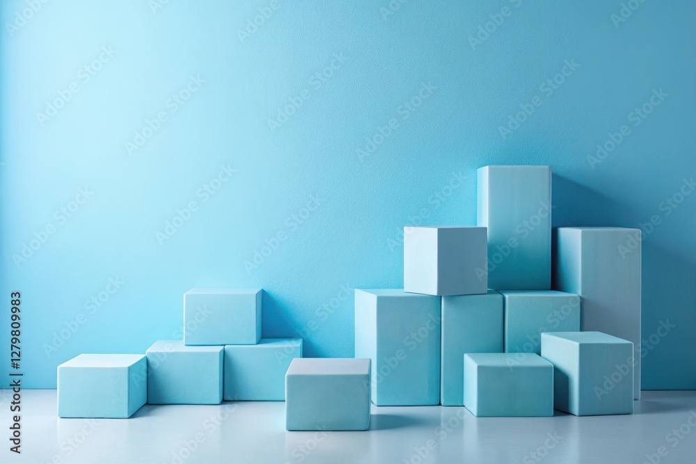 Pastel Blue Cubes Arranged on a White Surface Against a Light Blue Background Pastel Blue Cubes Arranged on a White Surface Against a Light Blue Background