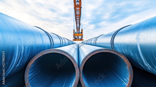 Large industrial pipes being lifted by a crane.  A striking image of heavy industry and infrastructure projects.